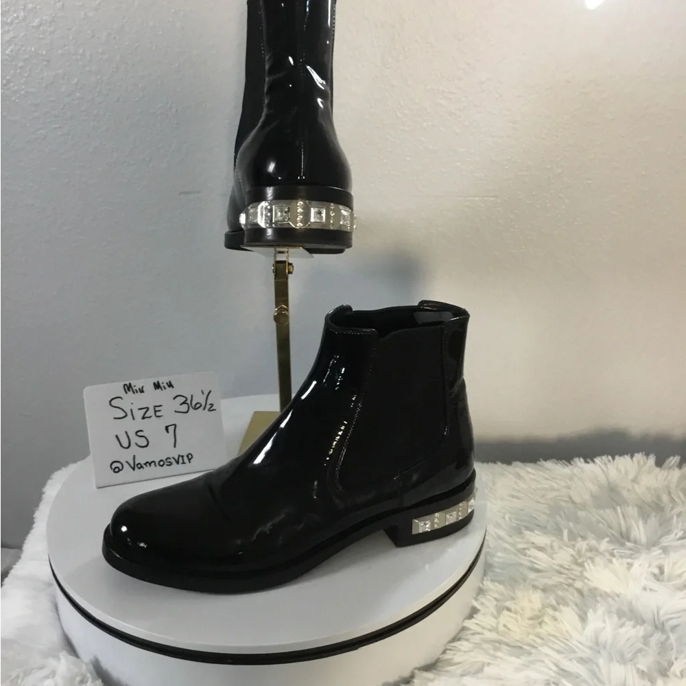 Miu Miu Patent Leather Black Ankle Boots with Crystal Heel Accent